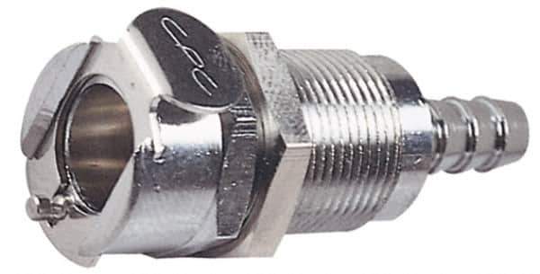 CPC Colder Products - 3/8" Inside Tube Diam, Brass, Quick Disconnect, Hose Barb Valved Panel Mount Coupling Body - 250 Max psi, -40 to 180°F, 1.87" OAL x 0.89" Overall Height, Chrome Plated - USA Tool & Supply