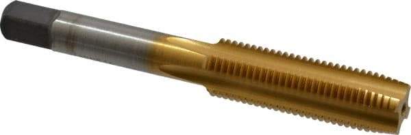 Kennametal - 7/16-20 UNF 4 Flute TiN Finish High Speed Steel Straight Flute Standard Hand Tap - Plug, Right Hand Thread, 3-5/32" OAL, 1-7/16" Thread Length, H3 Limit, Oversize - Exact Industrial Supply