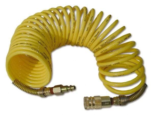 Coilhose Pneumatics - 1/2" ID, 1/2 Thread, 12' Long, Yellow Nylon Coiled & Self Storing Hose - 170 Max psi, Industrial Interchange Coupler x Male Swivel - USA Tool & Supply