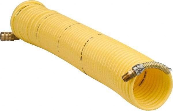 Coilhose Pneumatics - 1/4" ID, 1/4 Thread, 50' Long, Yellow Nylon Coiled & Self Storing Hose - 185 Max psi, Industrial Interchange Coupler x Male Swivel - USA Tool & Supply