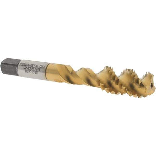 Kennametal - 1/2-13 UNC 3 Flute 3B Bottoming Spiral Flute Tap - Vanadium High Speed Steel, TiN Finish, 3.38" OAL, Right Hand Flute, Right Hand Thread, H3 - USA Tool & Supply