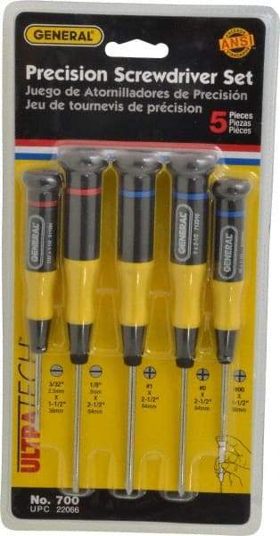 General - 5 Piece Phillips & Slotted Screwdriver Set - Electrician Shank, Plastic Handle, Blade Sizes: Length 1-1/2 & 2-1/2, Bit Sizes: Philips #00 to #1, Tip Thickness: 3/32 & 1/8 - USA Tool & Supply