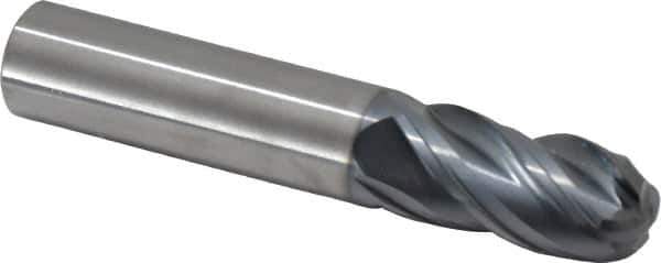SGS - 5/8" Diam, 1-1/4" LOC, 4 Flute Solid Carbide Ball End Mill - AlTiN Finish, Single End, 3-1/2" OAL, 5/8" Shank Diam, Spiral Flute - USA Tool & Supply