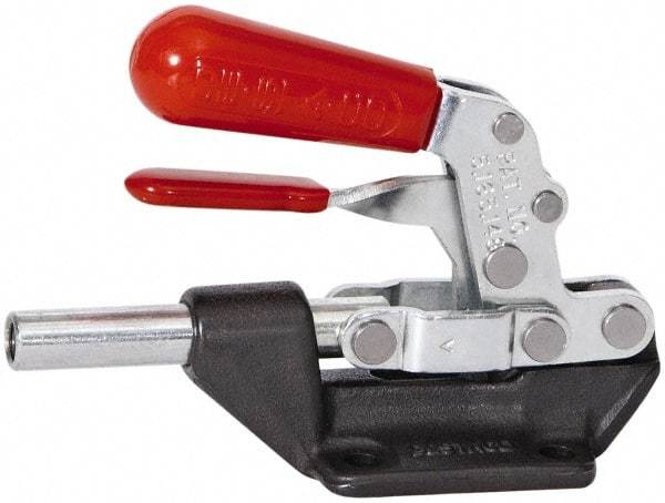 De-Sta-Co - 600 Lb Load Capacity, Flanged Base, Carbon Steel, Standard Straight Line Action Clamp - 4 Mounting Holes, 0.27" Mounting Hole Diam, 0.44" Plunger Diam, Straight Handle - USA Tool & Supply