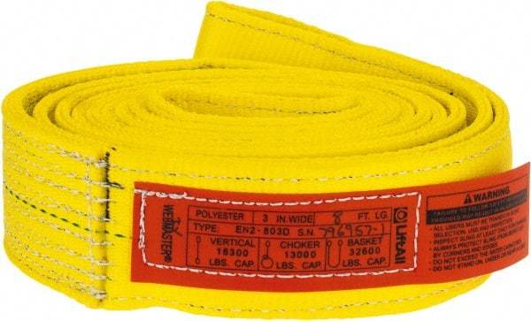 Lift-All - 8' Long x 3" Wide, 16,300 Lb Vertical Capacity, 2 Ply, Polyester Web Sling - 13,000 Lb Choker Capacity, Yellow - USA Tool & Supply