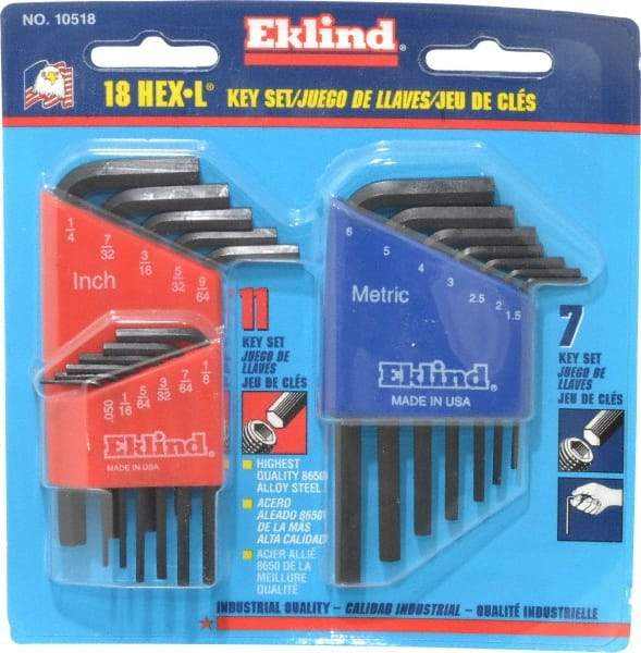 Eklind - 18 Piece L-Key Hex Key Set - Hex Range 0.05 to 1/4" - USA Tool & Supply