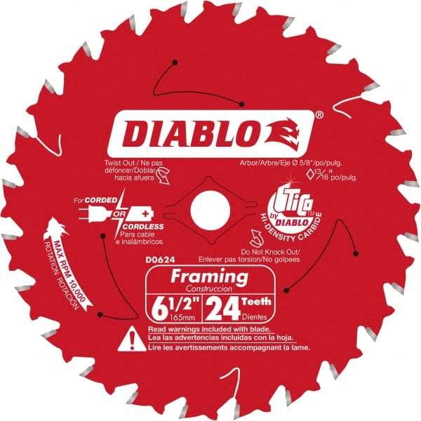 Freud - 6-1/2" Diam, 5/8" Arbor Hole Diam, 24 Tooth Wet & Dry Cut Saw Blade - Carbide-Tipped, Standard Round Arbor - USA Tool & Supply