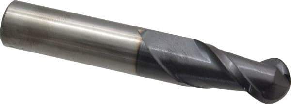 Accupro - 1/2" Diam, 1" LOC, 2 Flute Solid Carbide Ball End Mill - AlTiN Finish, Single End, 3" OAL, 1/2" Shank Diam, Spiral Flute - USA Tool & Supply