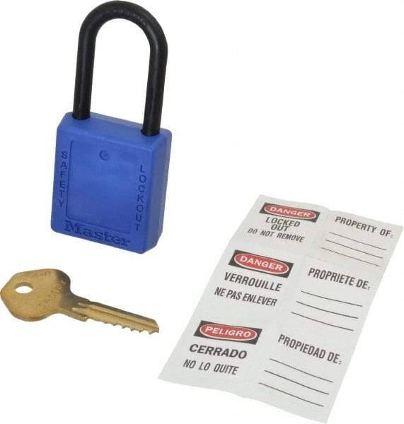 Master Lock - Keyed Different Nonconductive Lockout Padlock - 1-1/2" Shackle Clearance, 1/4" Shackle Diam, 1-3/4" Body Height x 1-1/2" Body Width, Blue, 6 Pins - USA Tool & Supply