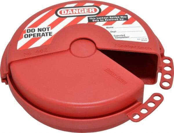 Master Lock - 4 to 6-1/2 Inch Valve Handle Size, Xenoy Rotating Gate Valve Wheel Lockout - 5/16 Inch Max Shackle Diameter, Red - USA Tool & Supply