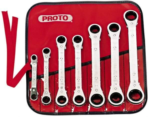 Proto - 7 Piece, 7mm to 21mm, 6, 12 Point Ratcheting Box Wrench Set - Metric Measurement Standard, Chrome Finish, Comes in Pouch - USA Tool & Supply