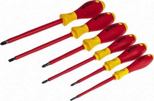 Wiha - 6 Piece Phillips & Slotted Screwdriver Set - Round Shank, Insulated Handle, Bit Sizes: Philips #1 to #3, Tip Thickness: 9/64, 3/16 & 1/4 - USA Tool & Supply