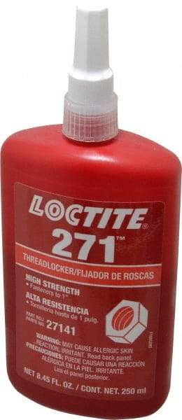 Loctite - 250 mL Bottle, Red, High Strength Liquid Threadlocker - Series 271, 24 hr Full Cure Time, Hand Tool, Heat Removal - USA Tool & Supply