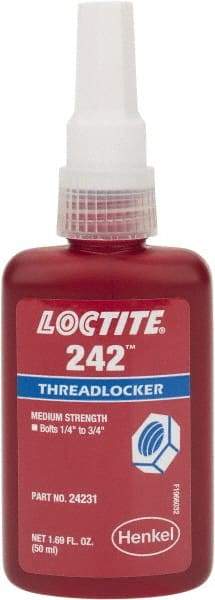 Loctite - 50 mL Bottle, Blue, Medium Strength Liquid Threadlocker - Series 242, 24 hr Full Cure Time, Hand Tool, Heat Removal - USA Tool & Supply