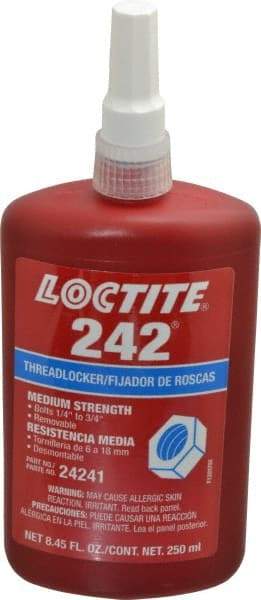 Loctite - 250 mL Bottle, Blue, Medium Strength Liquid Threadlocker - Series 242, 24 hr Full Cure Time, Hand Tool, Heat Removal - USA Tool & Supply