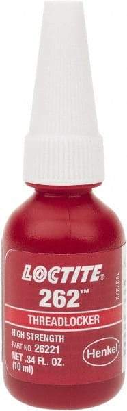 Loctite - 10 mL Bottle, Red, High Strength Liquid Threadlocker - Series 262, 24 hr Full Cure Time, Hand Tool, Heat Removal - USA Tool & Supply