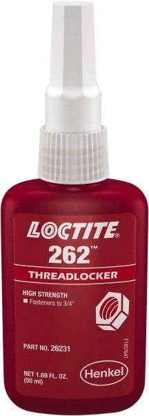 Loctite - 50 mL Bottle, Red, High Strength Liquid Threadlocker - Series 262, 24 hr Full Cure Time, Hand Tool, Heat Removal - USA Tool & Supply