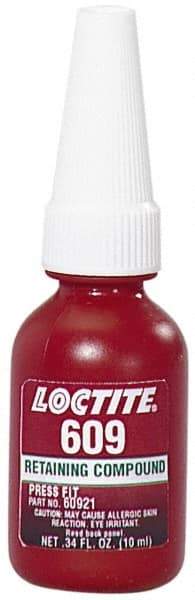 Loctite - 10 mL Bottle, Green, Medium Strength Liquid Retaining Compound - Series 609, 24 hr Full Cure Time, Heat Removal - USA Tool & Supply