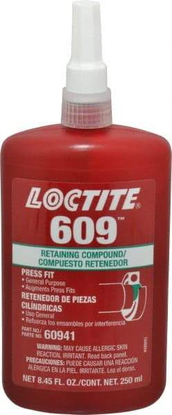 Loctite - 250 mL Bottle, Green, Medium Strength Liquid Retaining Compound - Series 609, 24 hr Full Cure Time, Heat Removal - USA Tool & Supply