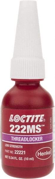 Loctite - 10 mL Bottle, Purple, Low Strength Liquid Threadlocker - Series 222MS, 24 hr Full Cure Time, Hand Tool Removal - USA Tool & Supply