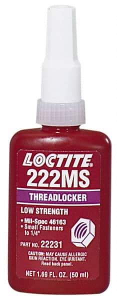 Loctite - 250 mL Bottle, Purple, Low Strength Liquid Threadlocker - Series 222MS, 24 hr Full Cure Time, Hand Tool, Heat Removal - USA Tool & Supply