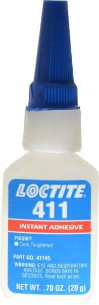 Loctite - 0.70 oz Bottle Clear Instant Adhesive - Series 411, 30 sec Fixture Time, 24 hr Full Cure Time, Bonds to Metal, Plastic & Rubber - USA Tool & Supply