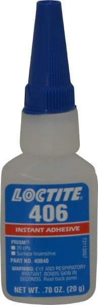 Loctite - 0.70 oz Bottle Clear Instant Adhesive - Series 406, 15 sec Fixture Time, 24 hr Full Cure Time, Bonds to Plastic & Rubber - USA Tool & Supply