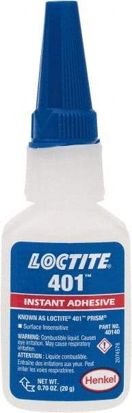 Loctite - 0.70 oz Bottle Clear Instant Adhesive - Series 401, 15 sec Fixture Time, 24 hr Full Cure Time, Bonds to Plastic & Rubber - USA Tool & Supply