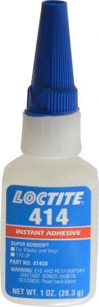 Loctite - 1 oz Bottle Clear Instant Adhesive - Series 414, 20 sec Fixture Time, 24 hr Full Cure Time, Bonds to Metal, Plastic & Rubber - USA Tool & Supply