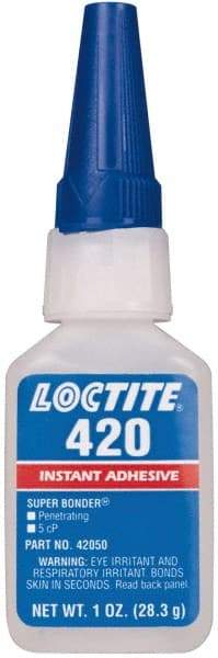 Loctite - 1 oz Bottle Clear Instant Adhesive - Series 420, 20 sec Fixture Time, 24 hr Full Cure Time, Bonds to Metal, Plastic & Rubber - USA Tool & Supply