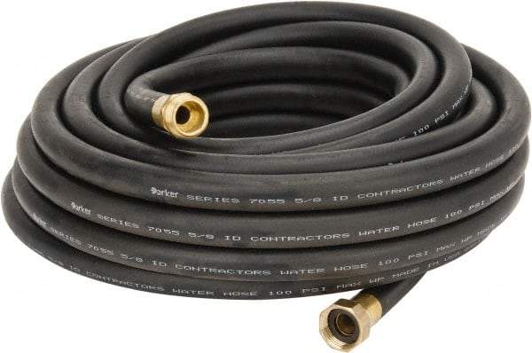 Parker - 50' Long Contractor Hose - 5/8" Diam, 3/4" GHT, Rubber, 100 psi, Black - USA Tool & Supply