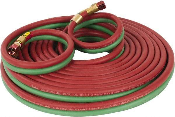 Parker - 1/4" Inside x 17/32" Outside Diam, Grade T Welding Hose - Green & Red, 50' Long, Twin Style, 200 psi Working Pressure - USA Tool & Supply