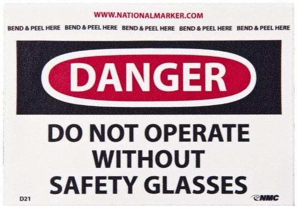 NMC - Accident Prevention Label, Header: DANGER - Legend: Danger - Do Not Operate without Safety Glasses, English, Red, Black & White, 5" Long x 3" High, Sign Muscle Finish - USA Tool & Supply