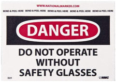 NMC - Accident Prevention Label, Header: DANGER - Legend: Danger - Do Not Operate without Safety Glasses, English, Red, Black & White, 5" Long x 3" High, Sign Muscle Finish - USA Tool & Supply