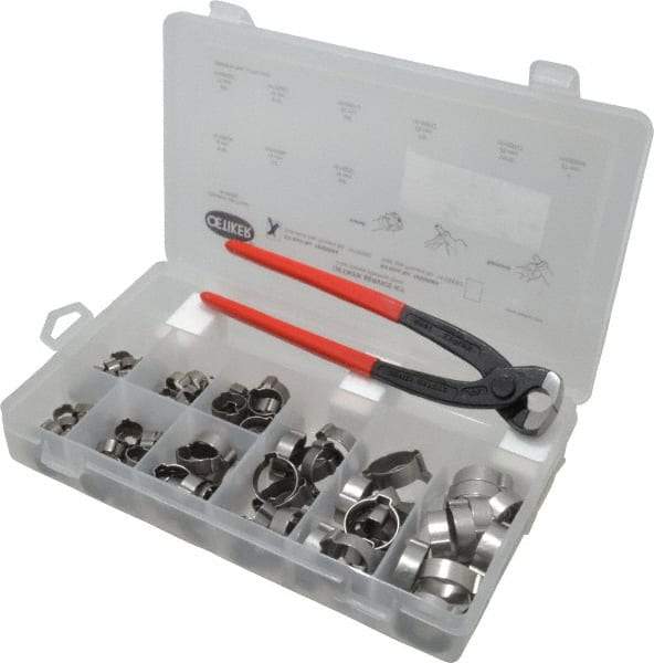 Oetiker - 124 Piece, 5/16 to 1" Diam, 2-Ear Service Clamp Kit - 123 Clamps & 1 Stainless Steel Standard Jaw Pincer - USA Tool & Supply