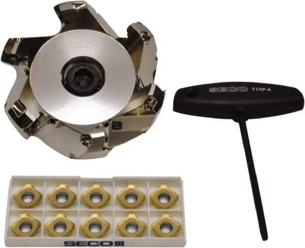 Seco - 3.7" Cut Diam, 1" Arbor Hole, 0.236" Max Depth of Cut, 45° Indexable Chamfer & Angle Face Mill - 6 Inserts, SE.X 43 Insert, Right Hand Cut, 6 Flutes, Through Coolant, Series R220.53 - USA Tool & Supply