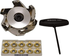 Seco - 3.7" Cut Diam, 1" Arbor Hole, 0.236" Max Depth of Cut, 45° Indexable Chamfer & Angle Face Mill - 6 Inserts, SE.X 43 Insert, Right Hand Cut, 6 Flutes, Through Coolant, Series R220.53 - USA Tool & Supply