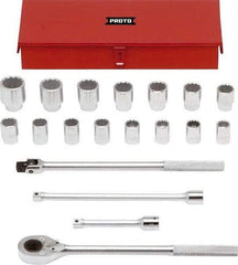 Proto - 19 Piece 3/4" Drive Chrome Finish Socket Set - 12 Points, 24mm to 46mm Range, Metric Measurement Standard - USA Tool & Supply
