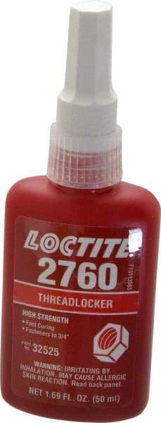 Loctite - 50 mL Bottle, Red, High Strength Liquid Threadlocker - Series 2760, 24 hr Full Cure Time, Hand Tool, Heat Removal - USA Tool & Supply