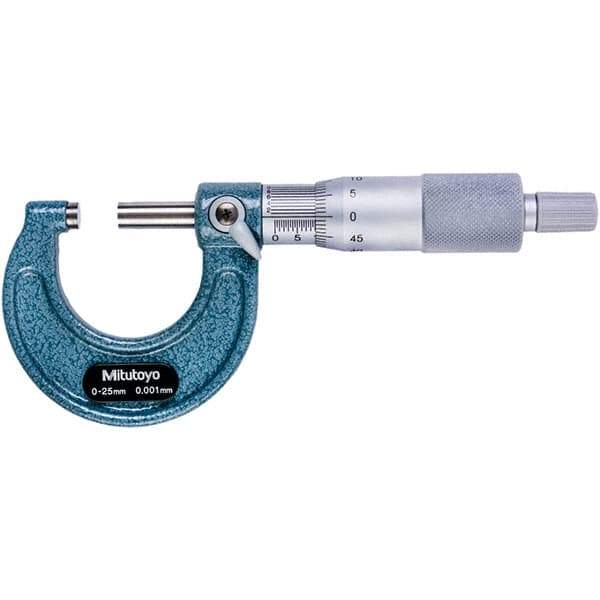 Mitutoyo - 0 to 25mm Range, 0.001mm Graduation, Mechanical Outside Micrometer - Ratchet Stop Thimble, 28mm Throat Depth, Accurate to 0.001mm - USA Tool & Supply