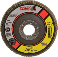 Camel Grinding Wheels - 60 Grit, 4-1/2" Disc Diam, 7/8" Center Hole, Type 27 Zirconia Alumina Flap Disc - 13,300 Max RPM, Poly Cotton Backing, Arbor Attaching System, Coated - USA Tool & Supply
