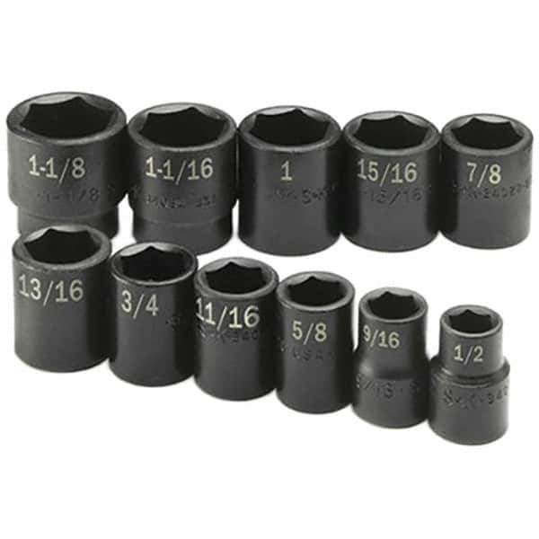 SK - 1/2" Drive Standard Impact Socket Set - 1/2 to 1-1/8", Inch Measurement Standard - USA Tool & Supply