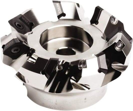 Seco - 96mm Cut Diam, 27mm Arbor Hole, 7.5mm Max Depth of Cut, 45° Indexable Chamfer & Angle Face Mill - 7 Inserts, SE.. 1505 Insert, Right Hand Cut, 7 Flutes, Through Coolant, Series QuattroMill - USA Tool & Supply
