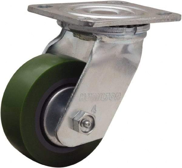 Hamilton - 4" Diam x 1-1/2" Wide x 5-5/8" OAH Top Plate Mount Swivel Caster - Polyurethane Mold onto Cast Iron Center, 675 Lb Capacity, Straight Roller Bearing, 4 x 4-1/2" Plate - USA Tool & Supply