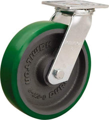 Hamilton - 8" Diam x 2" Wide x 9-1/2" OAH Top Plate Mount Swivel Caster - Polyurethane Mold onto Cast Iron Center, 900 Lb Capacity, Sealed Precision Ball Bearing, 4 x 4-1/2" Plate - USA Tool & Supply