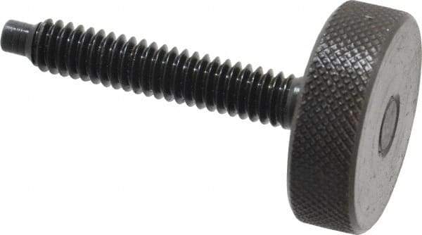 Gibraltar - 1/4-20 Knurled Shoulderless Dog Point Tip Grade 12L14 Steel Thumb Screw - 1-13/16" OAL, 1" Head Diam x 5/16" Head Height, Black Oxide Finish - USA Tool & Supply