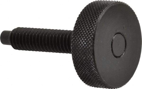 Gibraltar - 5/16-18 Knurled Shoulderless Dog Point Tip Grade 12L14 Steel Thumb Screw - 1-7/8" OAL, 1-1/8" Head Diam x 3/8" Head Height, Black Oxide Finish - USA Tool & Supply