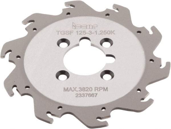 Iscar - Arbor Hole Connection, 0.118" Cutting Width, 1.36" Depth of Cut, 4.921" Cutter Diam, 1-1/4" Hole Diam, 10 Tooth Indexable Slotting Cutter - TGSF Toolholder, TAG N3\x85 Insert, Right Hand Cutting Direction - USA Tool & Supply