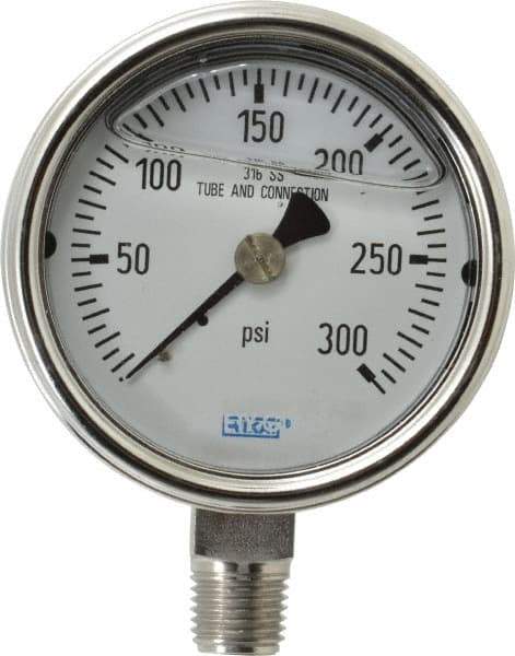 Wika - 2-1/2" Dial, 1/4 Thread, 0-300 Scale Range, Pressure Gauge - Lower Connection Mount, Accurate to 2-1-2% of Scale - USA Tool & Supply