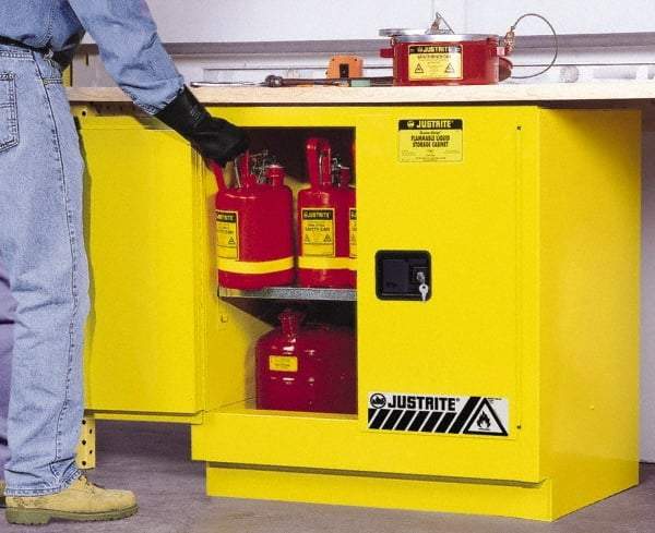 Justrite - 2 Door, 1 Shelf, Yellow Steel Under the Counter Safety Cabinet for Flammable and Combustible Liquids - 35" High x 35" Wide x 22" Deep, Manual Closing Door, 22 Gal Capacity - USA Tool & Supply